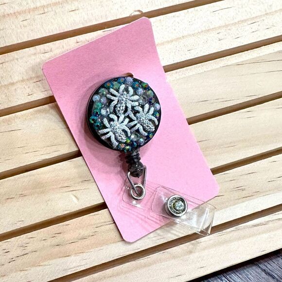 Creepy Crawley Silver Spider Clip On Black Badge Reel With Rhinestones - Picture 1 of 1